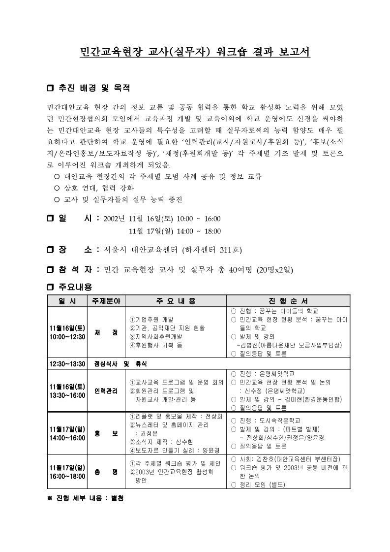 2002년 민간교육현장 교사(실무자) 워크숍 결과 보고서