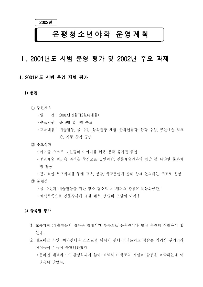 2002년 난나 공연 예술 학교 운영계획