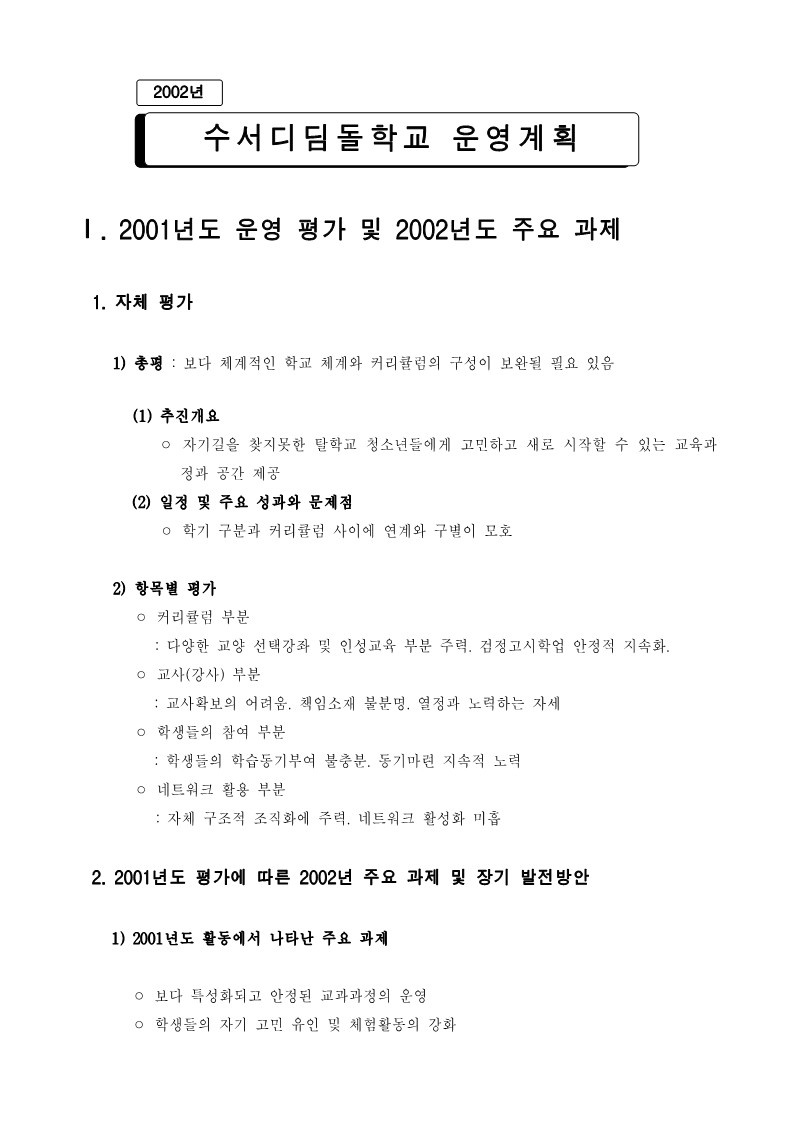 2002년 현장별 2001년 운영 평가 및 2002년도 주요 과제