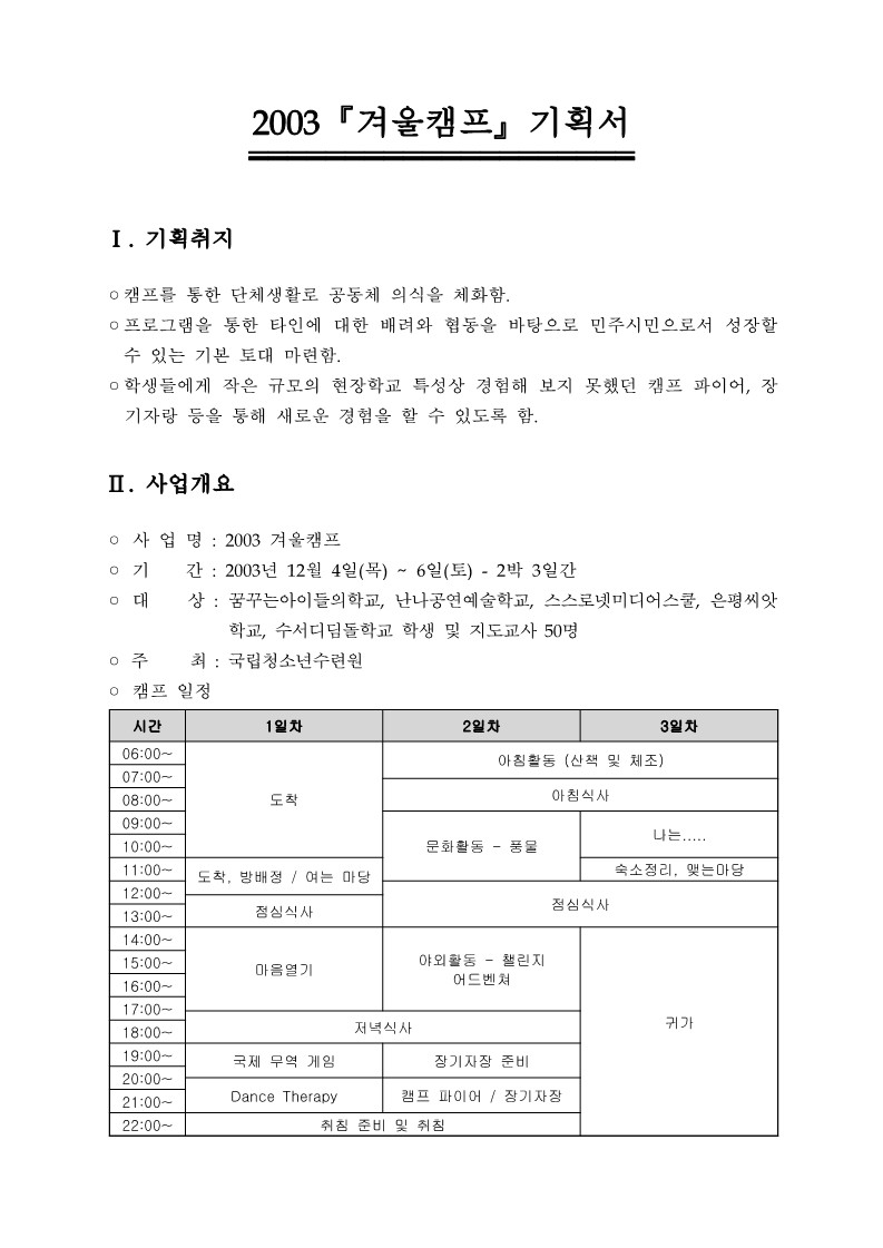 2003년  '둥근세상 만들기' 겨울 캠프 기획서 (현장 공지용)