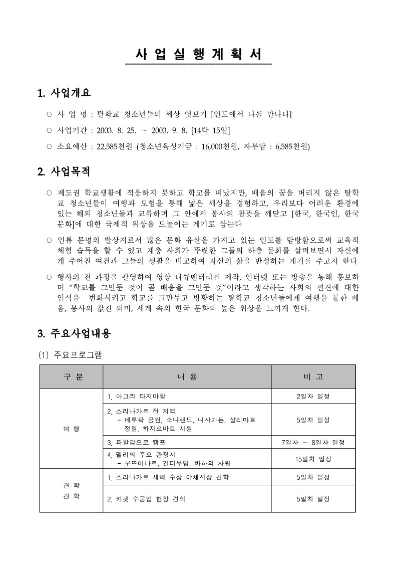 2003년 탈학교 청소년들의 세상 엿보기 사업실행계획서 '인도에서 나를 만나다'