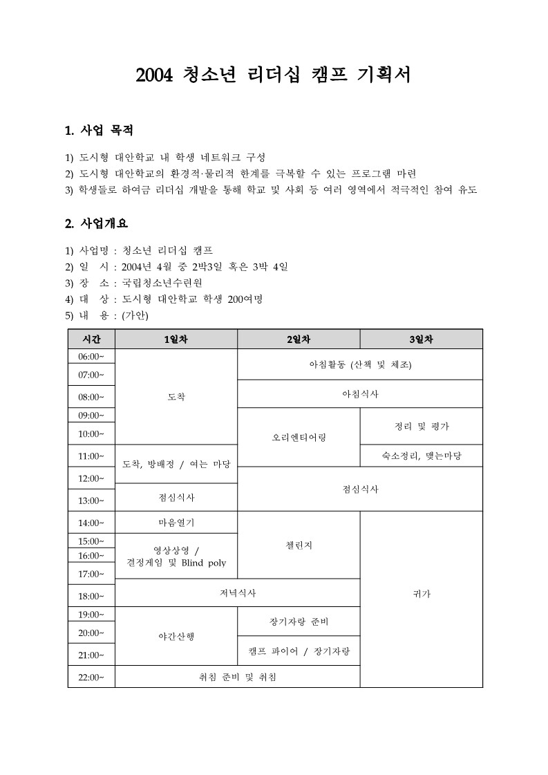 2004년 청소년 리더십 캠프 기획서