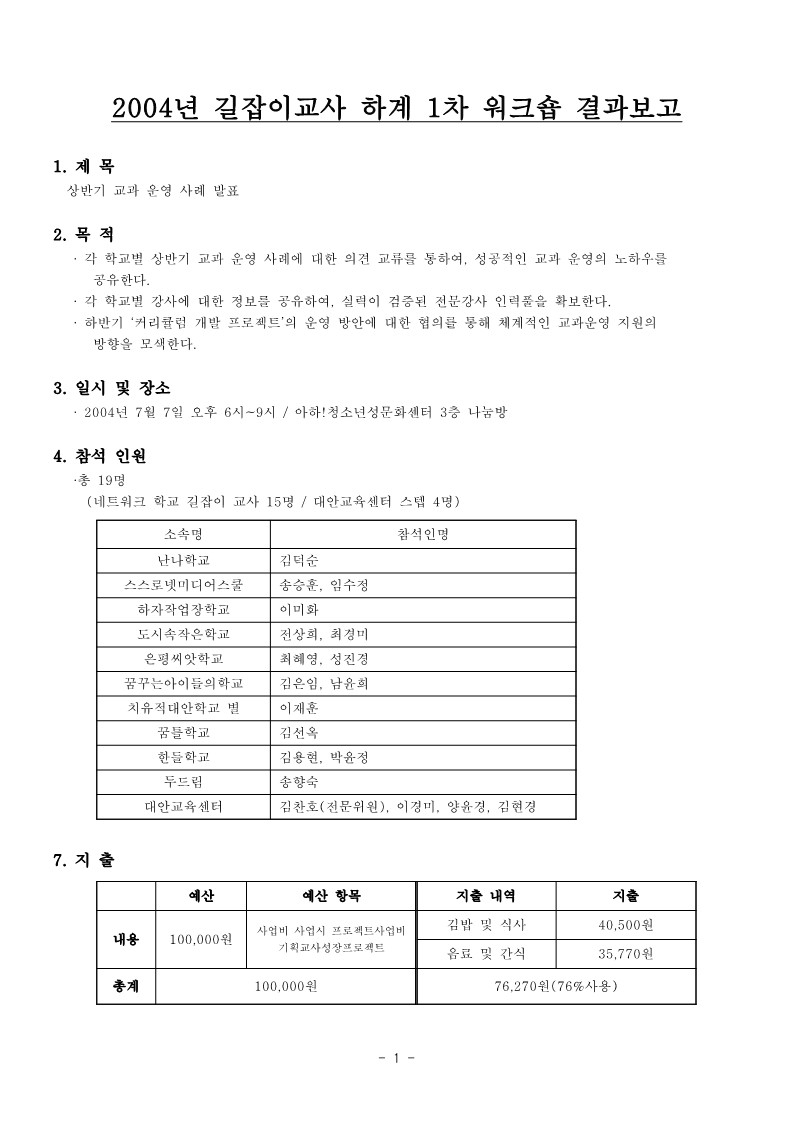 2004년 길잡이 교사 하계 1차 워크숍 결과 보고