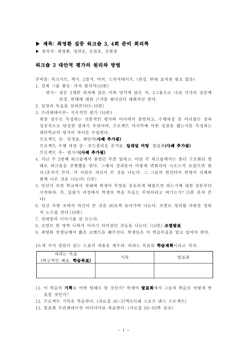 2004년 제1회 교사 아카데미 심화과정 집중 워크숍 3,4 회 준비 회의록