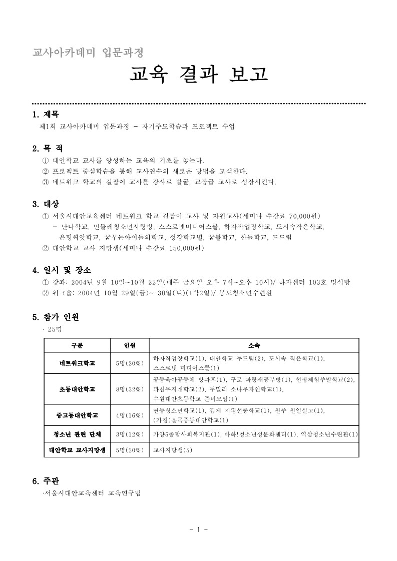 2004년 제1회 교사 아카데미 입문과정 교육 결과 보고