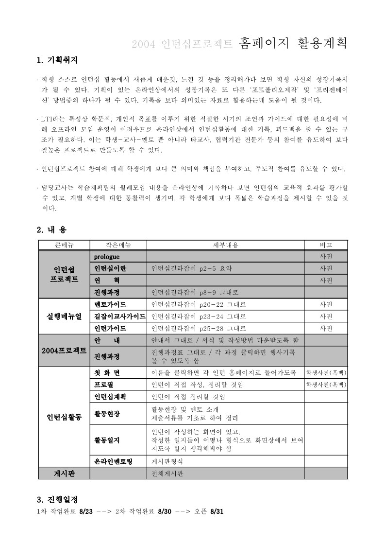 2004년 인턴십 프로젝트 홈페이지 활용계획