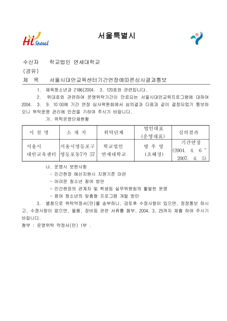 2004년 서울시 대안교육센터 기간 연장에 따른 심사결과 통보