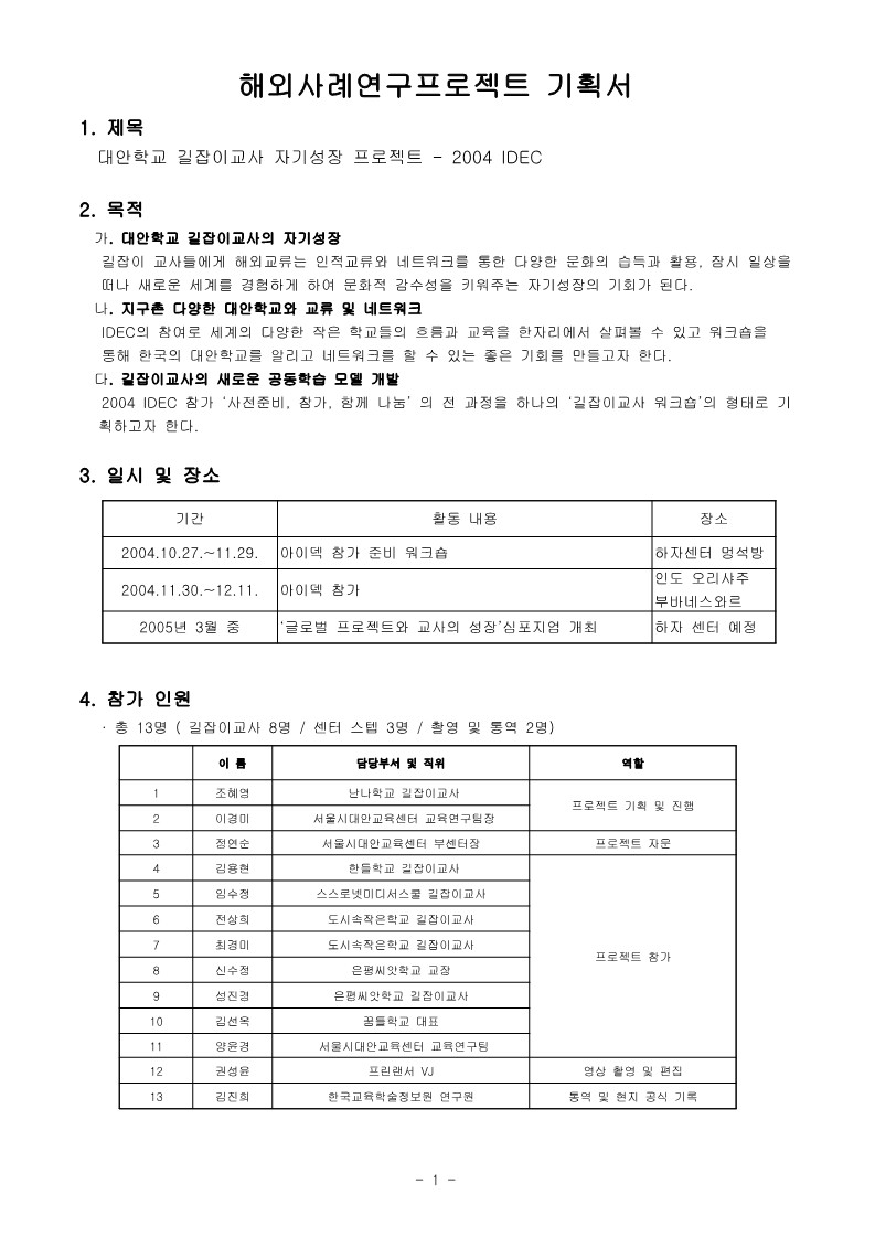 2004 해외사례 연구 (IDEC) 프로젝트 기획서