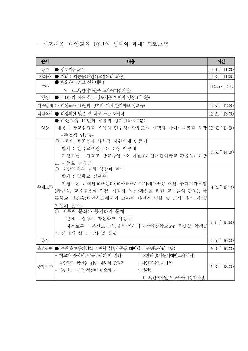 2005년 대안교육센터 및 대안교육연대 연합 심포지엄 프로그램