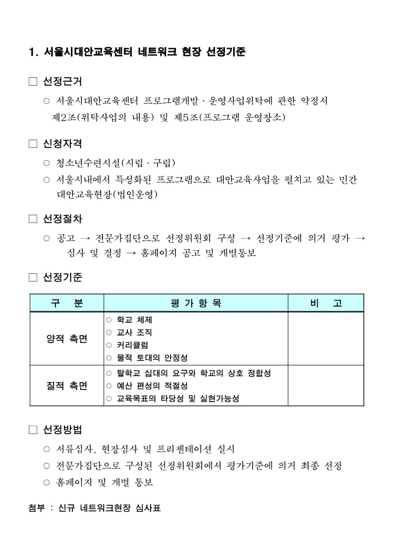 2006년 서울시대안교육센터 네트워크 선정기준