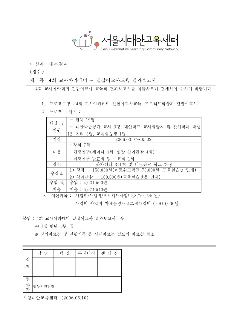 2006년 제4회 교사 아카데미 길잡이교사교육 결과보고서