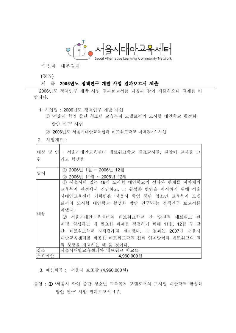 2006년 서울시대안교육센터 네트워크학교 자체평가 사업 결과보고서