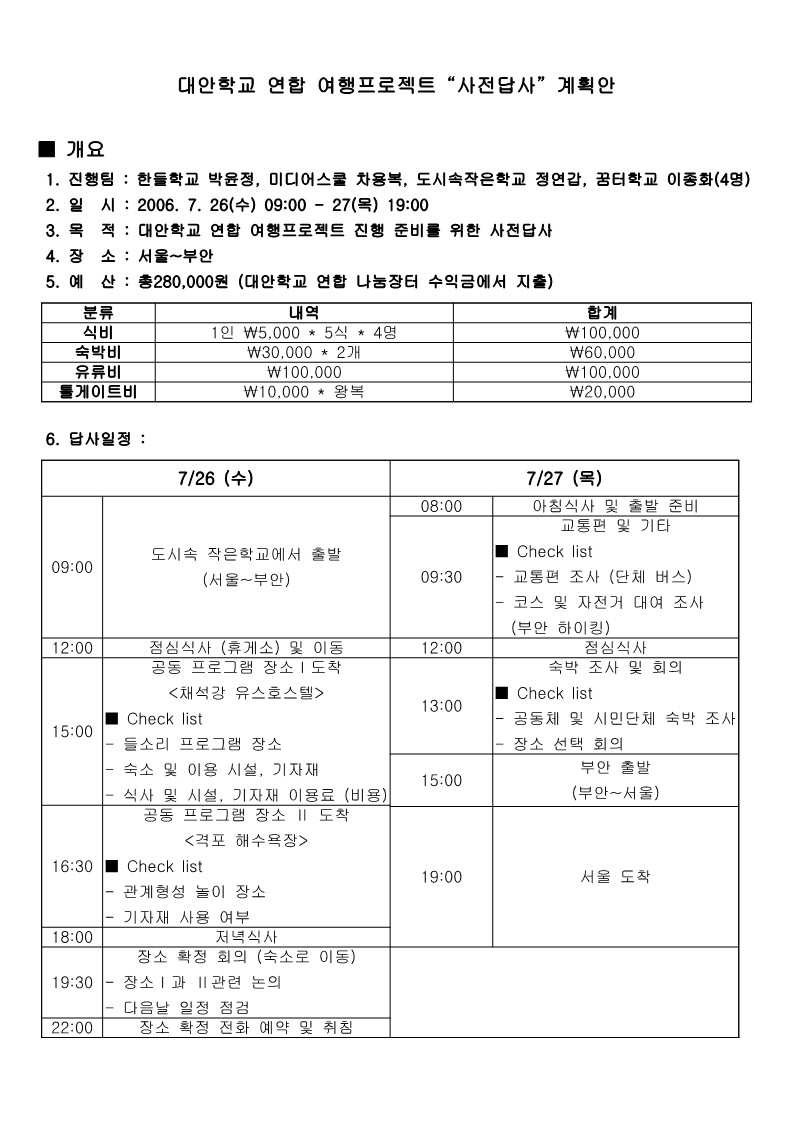 2006년 대안학교 연합 여행 프로젝트 사전답사 계획 안