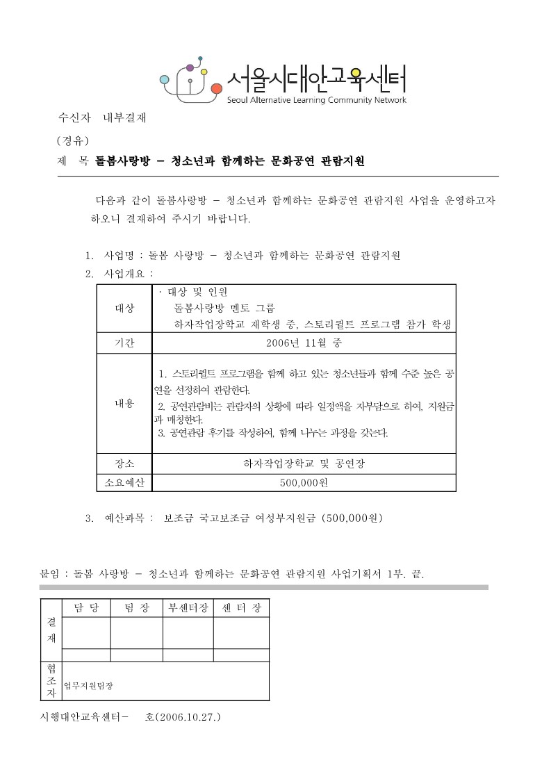 2006년 돌봄 사랑방 - 공연 관람 지원 기안