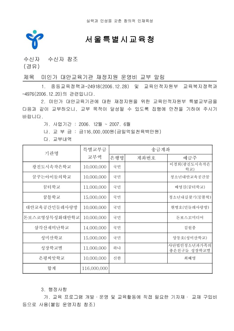 2007년 교육청 미인가 대안교육기관 재정지원 특별 교부금 교부알림