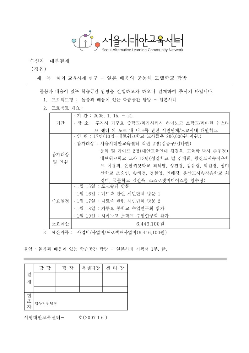 2007년 돌봄공간 탐사 프로젝트 - 일본 배움의 공동체 모델학교 탐방 기획안