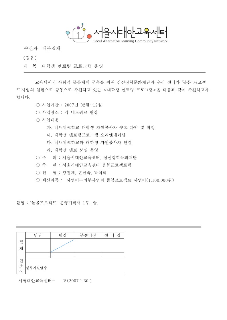 2007년 돌봄 프로젝트 - 대학생 멘토링 프로그램 운영 기안(삼선복지재단)