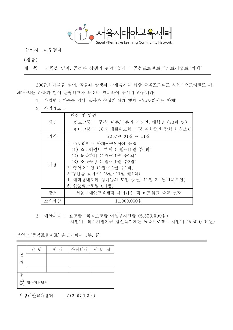 2007년 돌봄 프로젝트, ‘스토리퀼트 까페’ 내부기획안