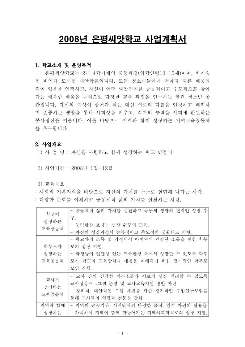 2008년 은평씨앗학교 사업계획서