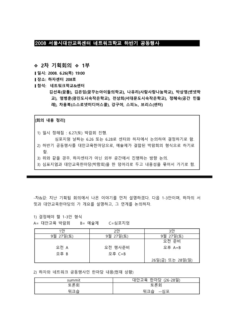 2008년 네트워크 학교 하반기 공동행사 2차 기획 회의 기록