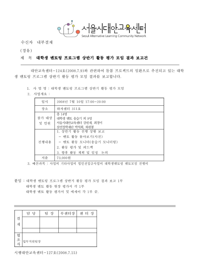 2008년 대학생 멘토링 프로그램 상반기 활동 평가 모임 결과 보고 건