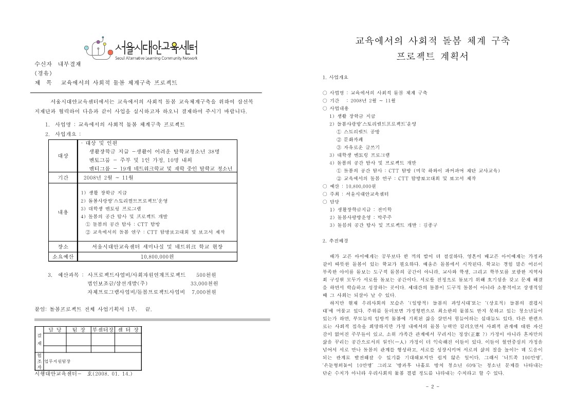 2008년 교육에서의 사회적 돌봄 체계구축 프로젝트 기안