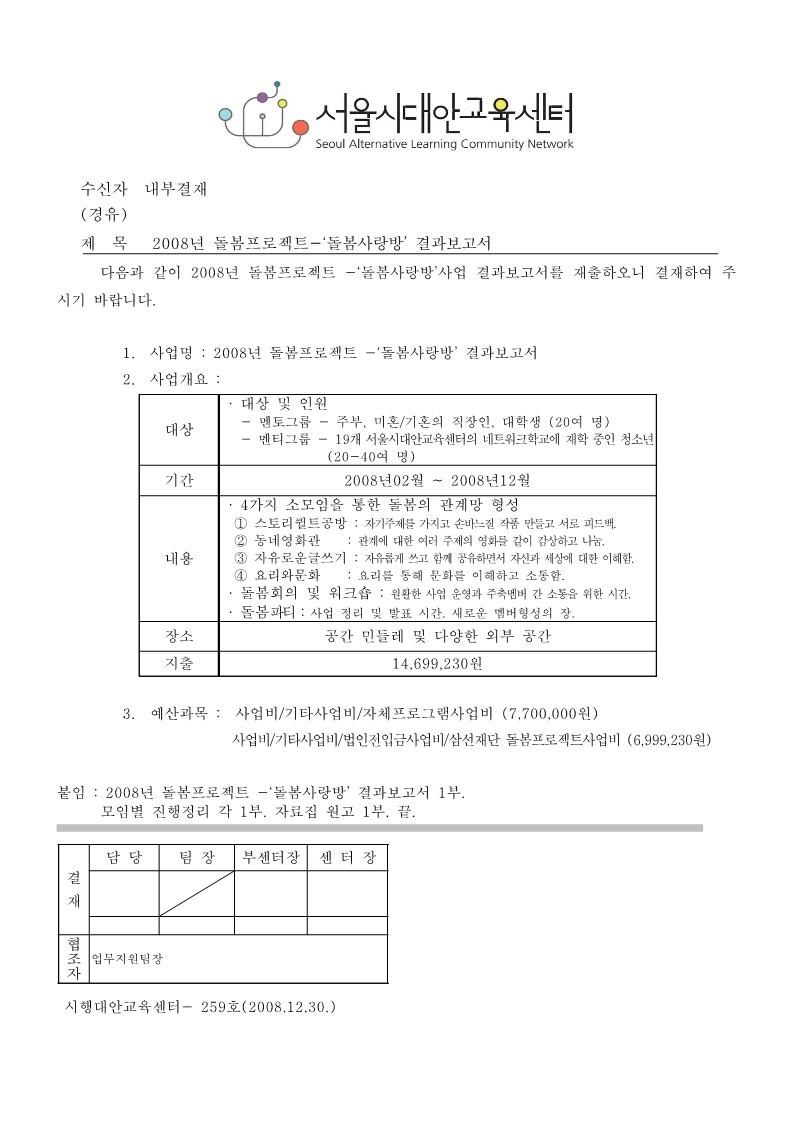 2008년 돌봄 프로젝트 - 돌봄사랑방 결과 보고서 기안