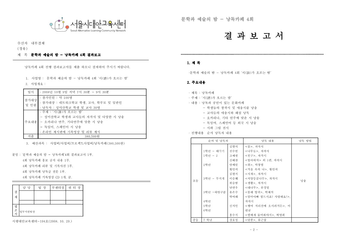 2008년 문학과 예술의 밤 - 낭독카페 4회 결과보고서