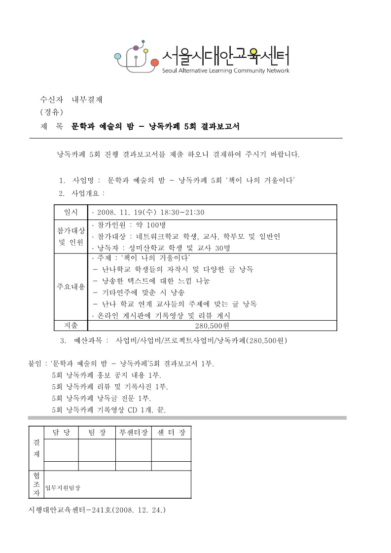 2008년 문학과 예술의 밤 - 낭독카페 5회 결과보고서