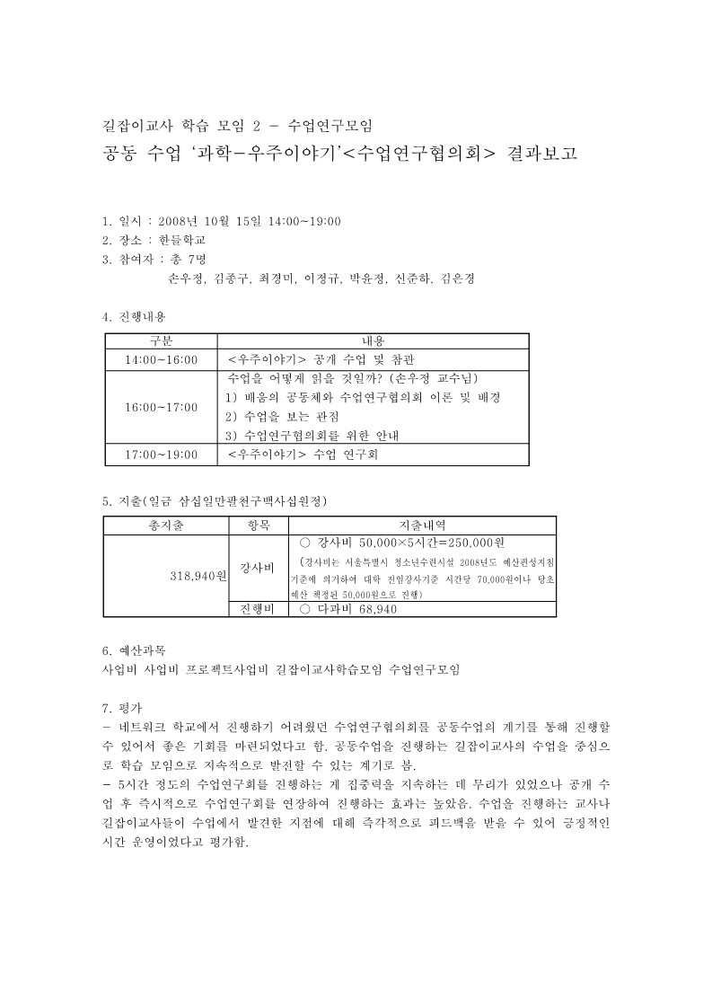 2008년 길잡이교사 수업연구모임 -1차 결과