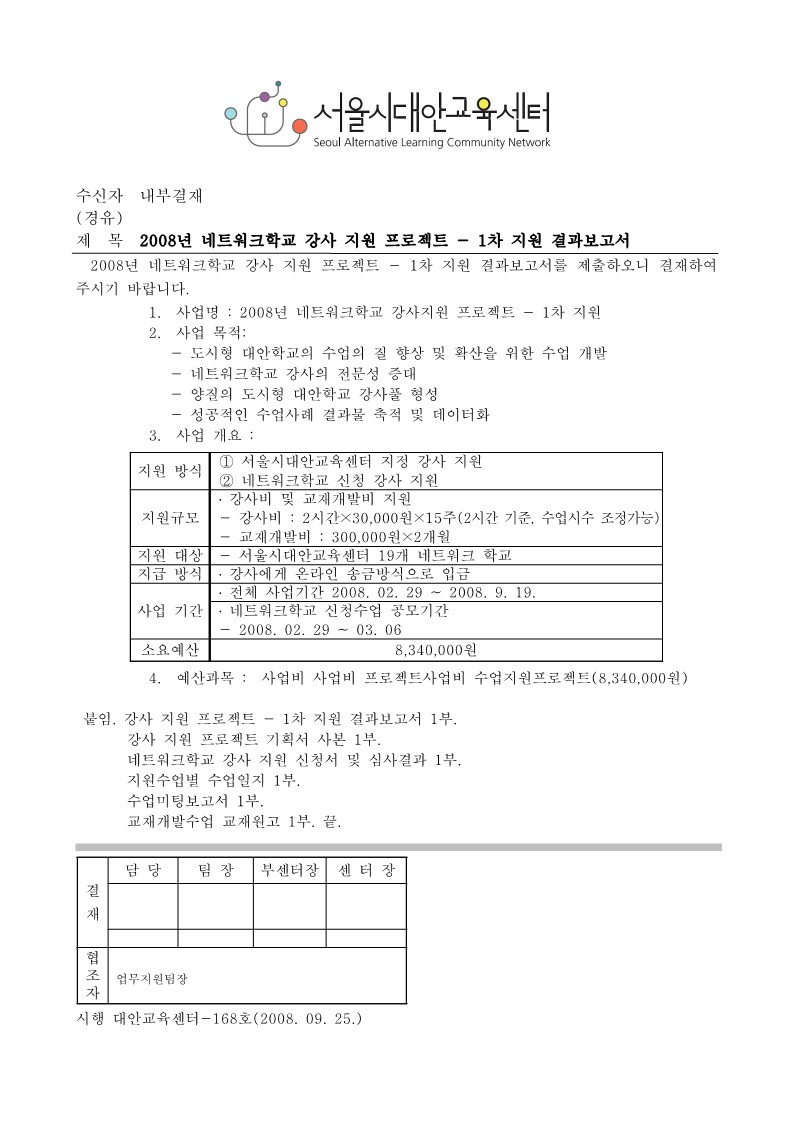 2008년 네트워크학교 강사 지원 프로젝트 - 1차 지원 결과보고서