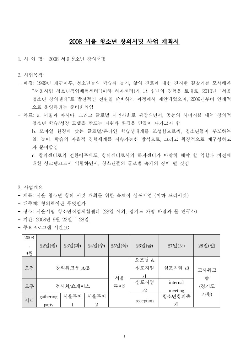 2008년 서울 청소년 창의서밋 사업계획서