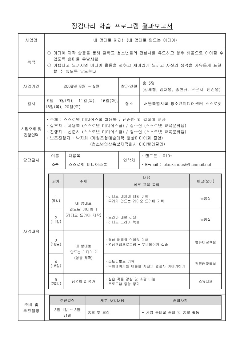 2008년 미디어 스쿨 징검다리 학습 프로그램 '네 멋대로 해라' 결과보고서