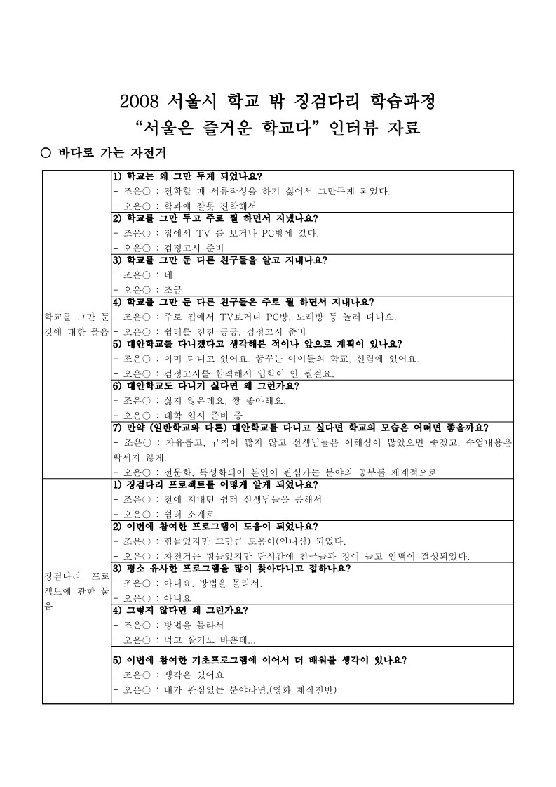 2008년 징검다리 학습과정 인터뷰 모음