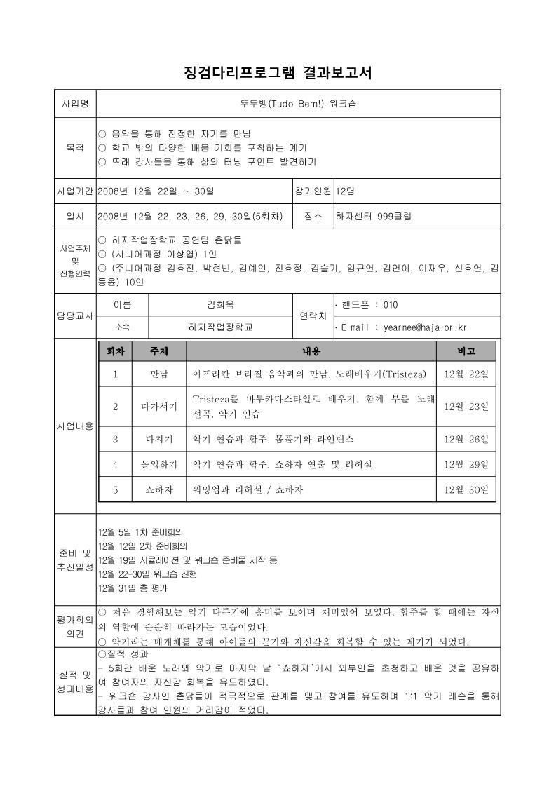 2008년 하자 작업장 학교 징검다리 학습 프로그램 '뚜두벵 워크숍' 결과보고서