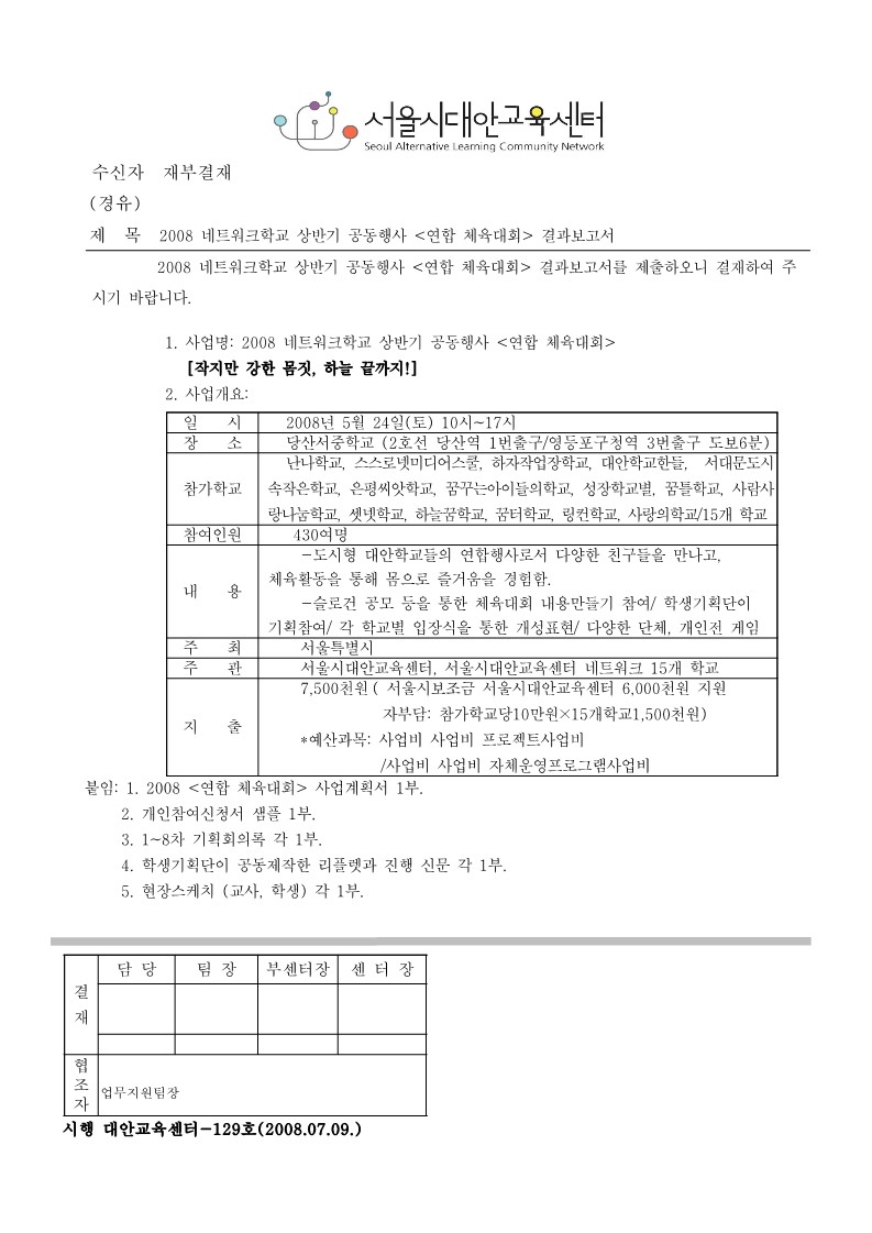 2008년 네트워크 학교 연합체육대회 결과보고서 기안