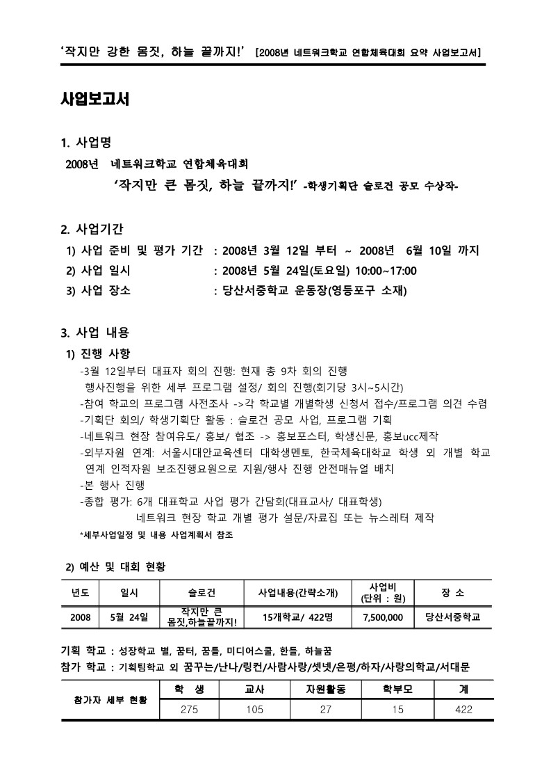 2008년 네트워크 학교 연합체육대회 요약 사업보고서