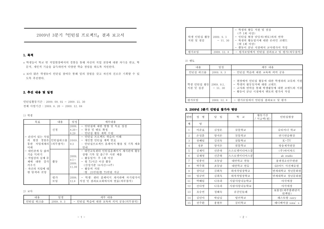 2009년 3분기 인턴십 프로젝트 결과 보고서