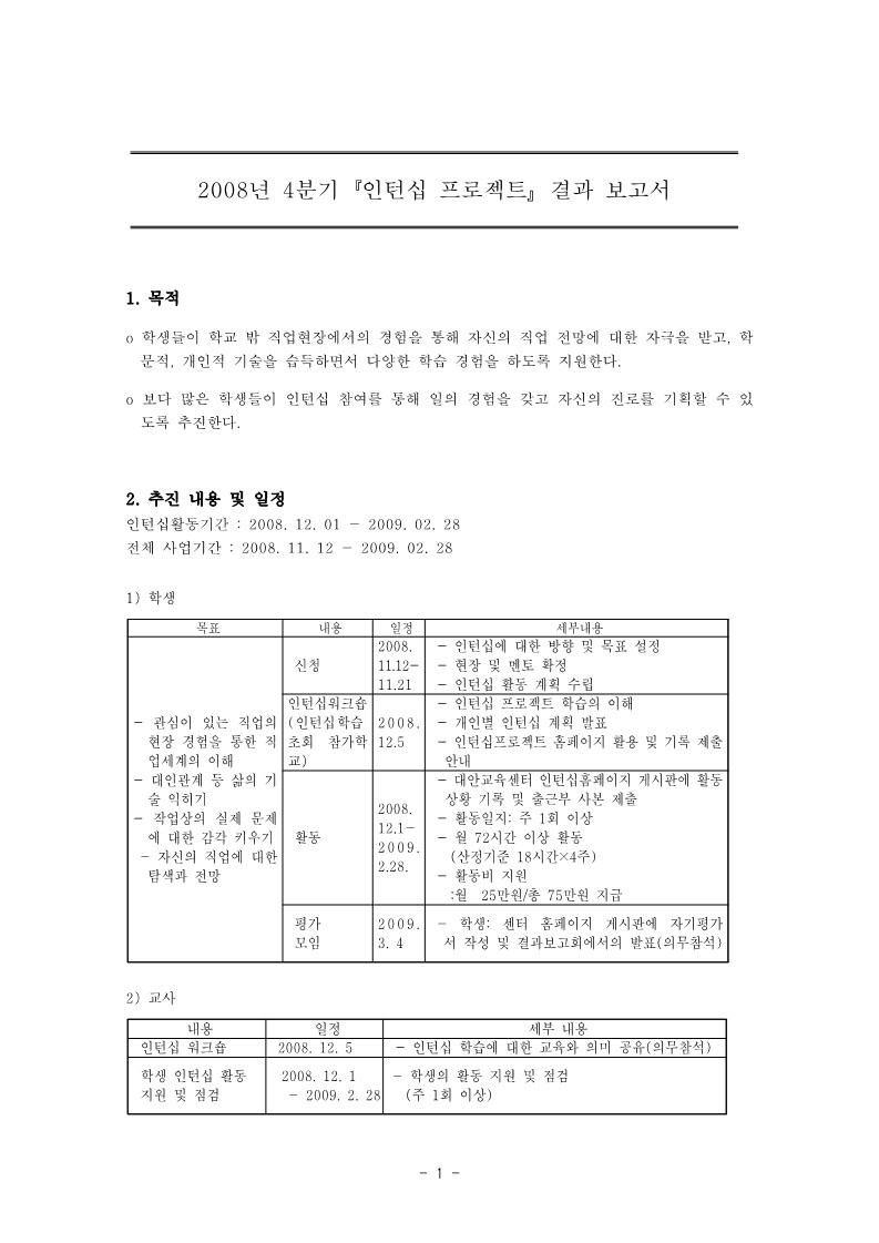 2009년 4분기 인턴십 프로젝트 결과 보고서