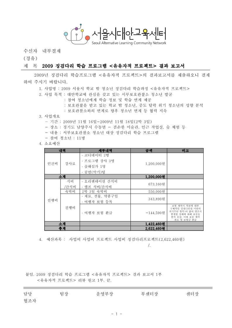 2009년 징검다리 학습 프로그램  '대안교육센터' 결과보고서