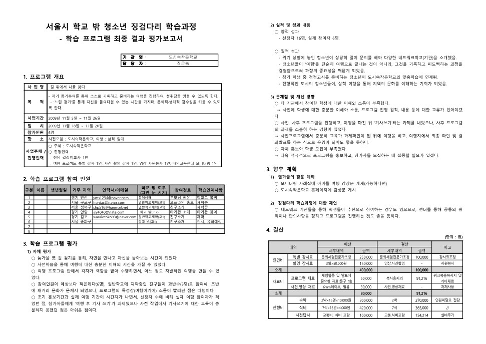 2009년 징검다리 학습 프로그램  '도시속 작은학교' 결과보고서