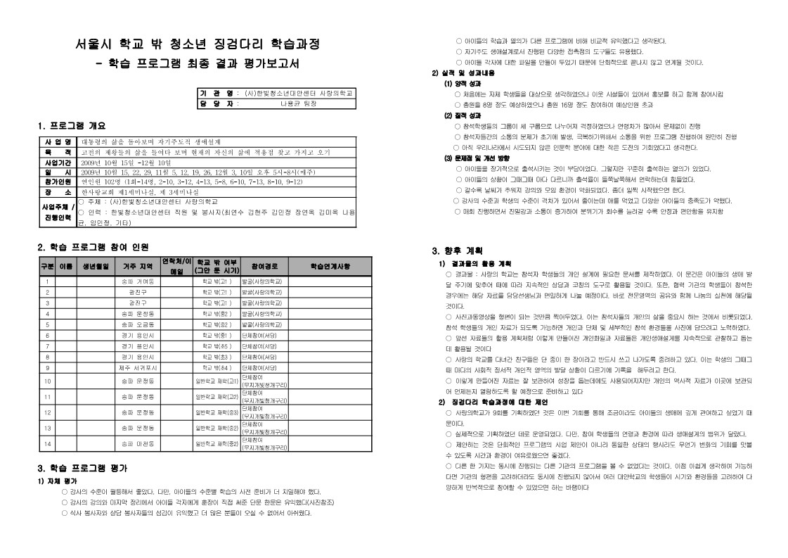 2009년 징검다리 학습 프로그램  '사랑의 학교' 결과보고서