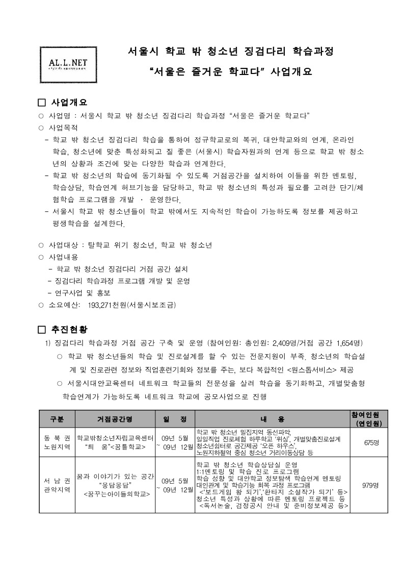 2009년 징검다리 학습과정  '서울은 즐거운 학교다' 사업 개요 요약