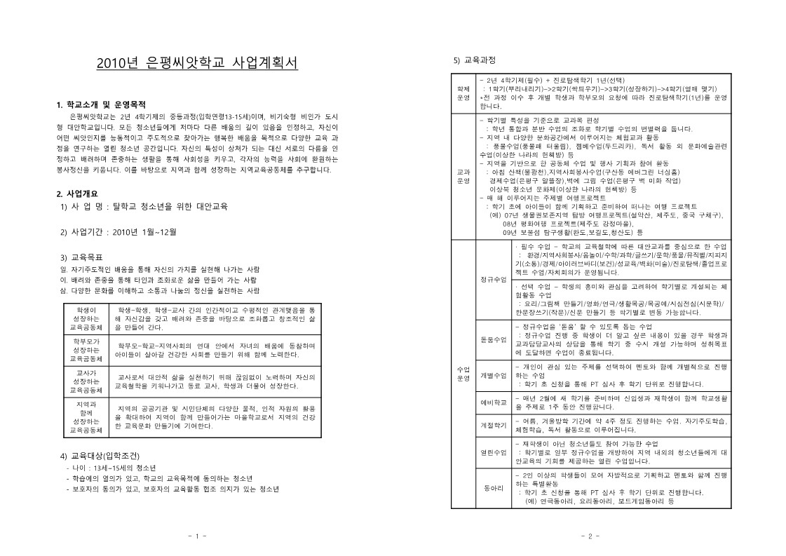 2010년 은평씨앗학교 사업계획서 및 예산서