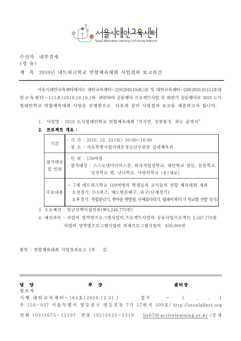 2010년 네트워크 학교 연합체육대회 사업결과 보고서